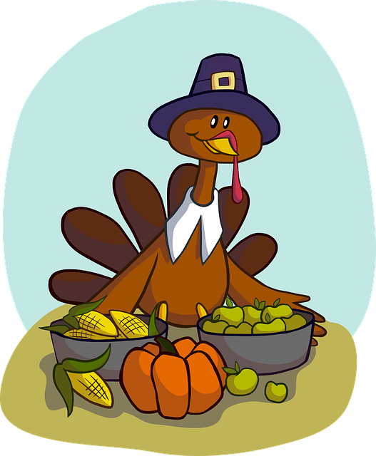 Animated turkey wearing pilgrim's hat surrounded by corn, apples, and a pumpkin