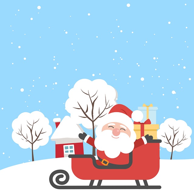 Cartoon santa in sleigh with trees, house, and snowfall on a light blue background