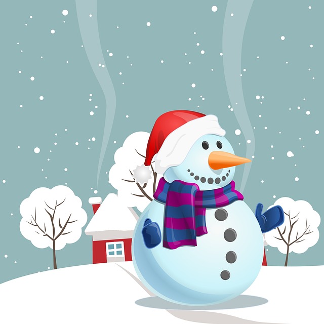 Cartoon snowman with striped scarf and Santa hat in front of house with smoke billowing from chimney and snow-covered trees
