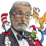 photo of Theodor "Dr. Seuss" Geisel surrrounded by his characters the Cat in the Hat, the Grinch, and Mr. Goat