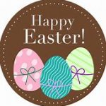 brown round background dispalying the words "Happy Easter!' in white text and three Easter eggs with different patterns wrapped in bows