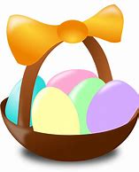 brown easter basket with yellow ribbon holding 5 pastel Easter eggs