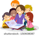 clipart of diverse group of children viewing a book with an adult woman who is presumably a librarian