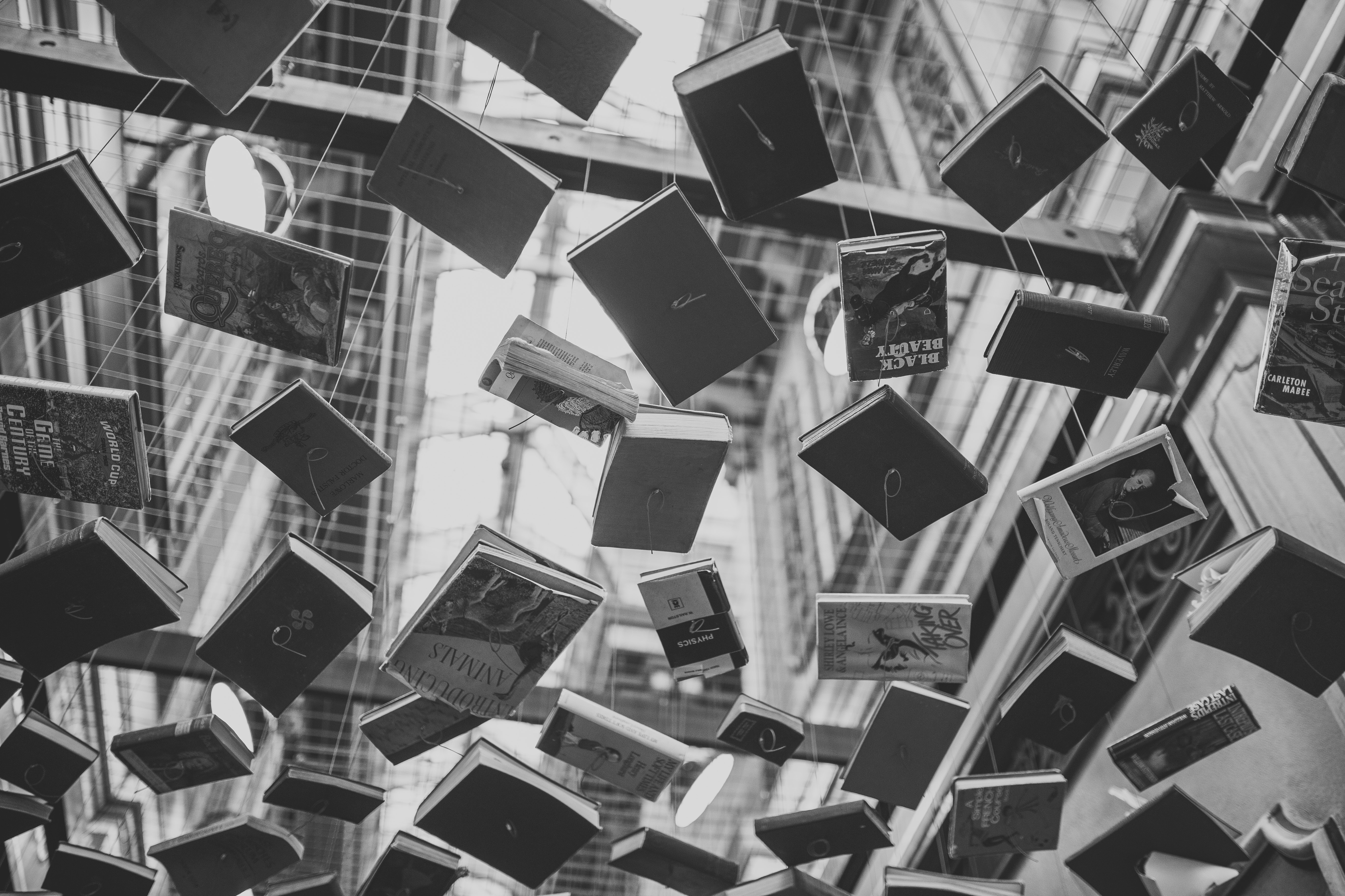 black and white books on a string hanging from the ceiling