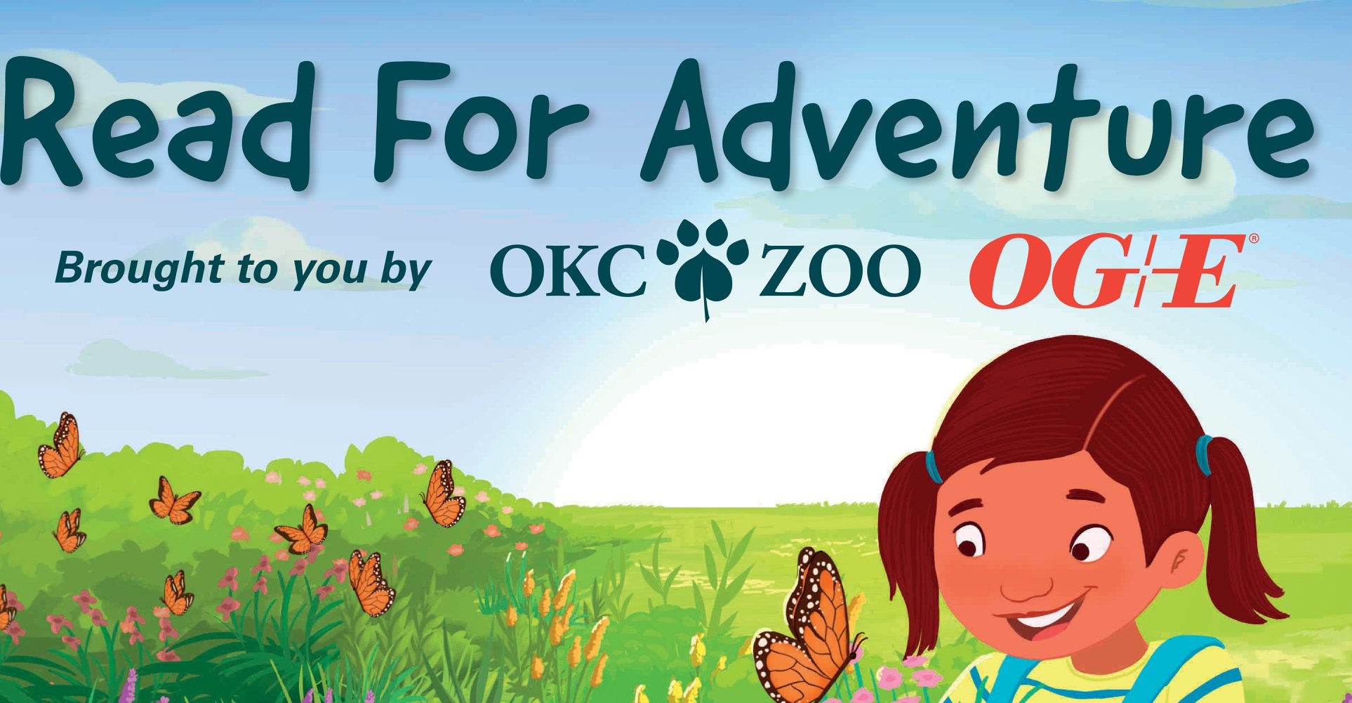 Read for Adventure brought ot you by OKC ZOO and OG and E image on small girl with butterfly from the book Junipers Butterfly Garden