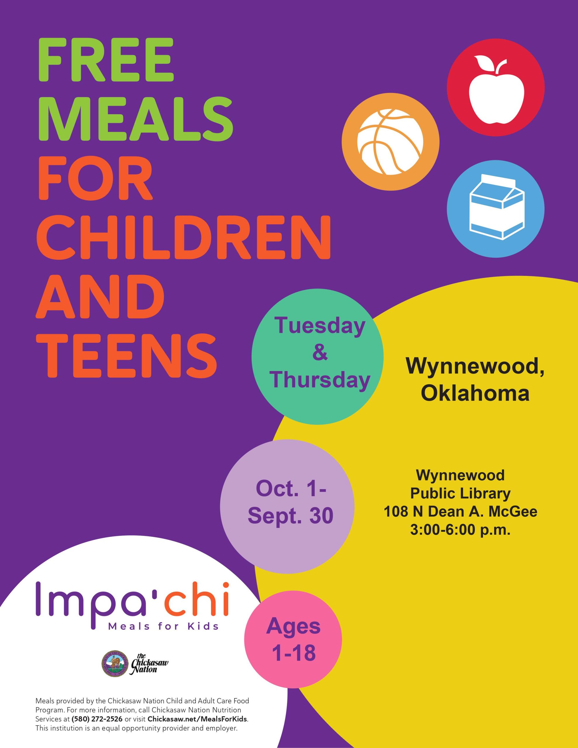 image is a picture of a multi colord flyer for the Impa-chi Meal program offered through the Chickasaw Nation