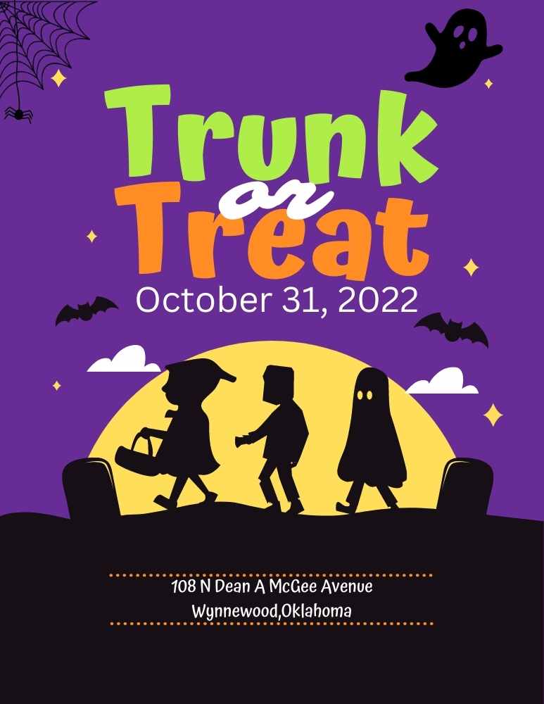 Flyer for Trunk or Treat. Purple background with a silhouette of children in costumes. Lists the date and location of the event