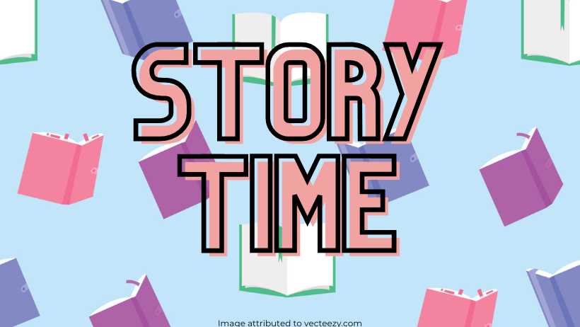 story time banner with book background