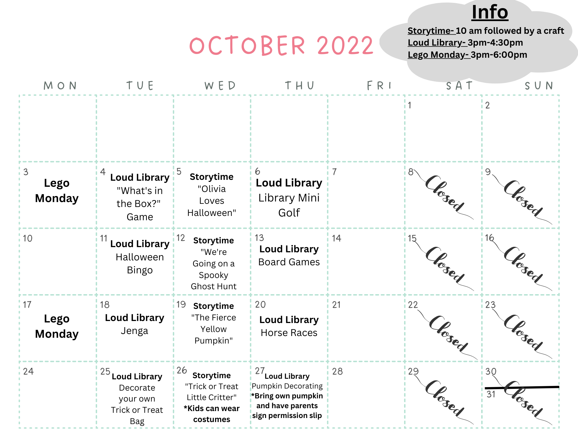 monthy calendar for October Loud Library