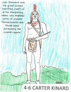 a coloring page of a native american man with the words "Chief Massasoit was the grand sachem (intertribal chief) of all the Wampanoag Indians, who inhabited parts of present Massachusetts and Rhode Island, particularly the coastal regions. 4-6 Carter Kinard."