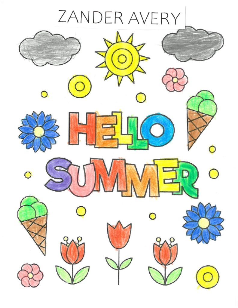 a coloring page with a summer theme. In the middle of the page is the phrase "hello summer". around the phrase there are images of tupis, clouds, suns, flowers, and icecream cones.