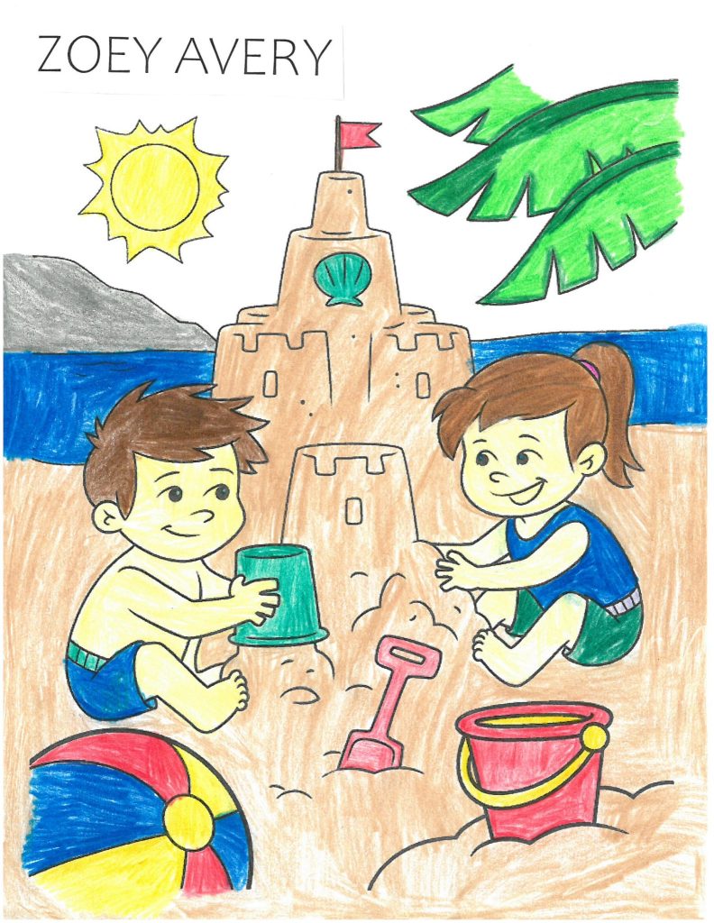 a coloring page with a summer scene. A masculine presenting child is on the left using a bucket to mold a tower to add to the sandcastle pictured. On the right, a feminine presenting child is molding the sand on the existing castle with her hands. There are buckets and shovels in the sand around them. A beach ball in in the foreground to the left. In the background is a body of water, the leaves of a palm tree, a distant land mass, and an image of the sun.