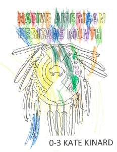 a coloring page depicting a shield with feathers and the words "Native American Heritage Month. 0-3 Kate Kinard."