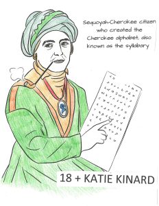 a coloring page of a Native American man with a pipe and a tablet with the words "Sequoyah-Cherokee citizen who created the Cherokee alphabet, also known as the syllabary. 18+ Katie Kinard."