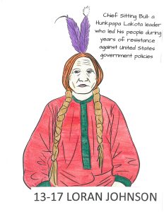Coloring page of a native american man with two large feather adornments atop his head and wraps on his braids with the words "Chief Sitting Bull - a Hunkpapa Lakota leader who led his people during years of resistance against United States government policies. 13-17 Loran Johnson."