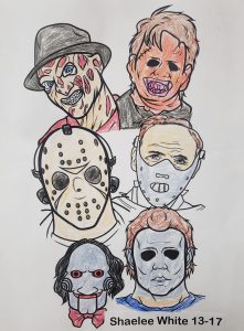 completed coloring page of classic horror movie monsters and villians. Moving left to right from top to bottom: Freddie Kruger, Leatherface, Jason Vorhees, Hannibal Lecter, Jigsaw, Michael Meyers