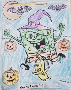 coloring page of spongebob running with plankton. Plankton has a terrified look on his face. In the background, there are jack-o-lanterns, bats, and an image of a moon.