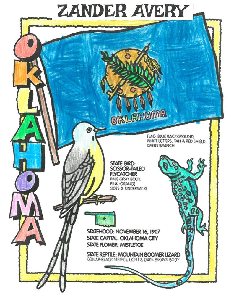 coloring page of oklahoma which includes the state bird, state reptile, Oklahoma flag, and a stylized text of the state name