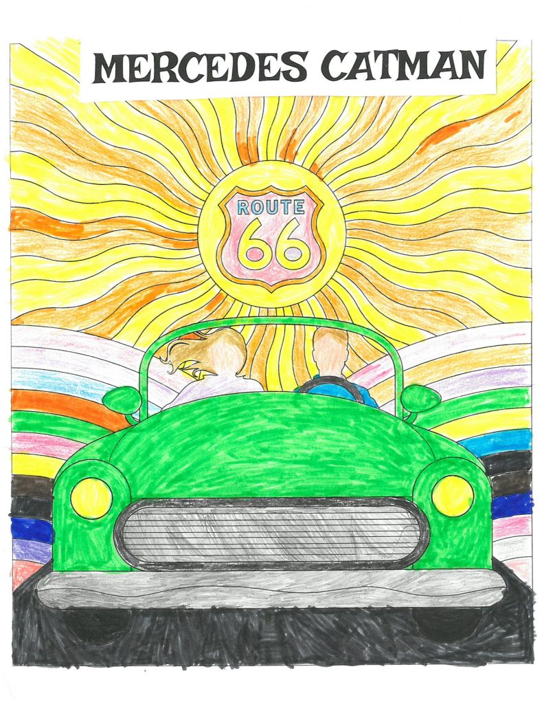 coloring page of a car with the symbole of route 66 sign in the back. the image of the sig is set in the middle of a sun with lots of wavy sun beams radiating fromt he center. inside the car, a masculine presenting figure is driving and a feminine presenting figure is riding in the passenger seat.