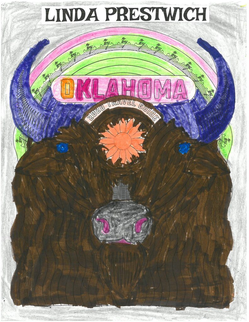 A coloring page with a close up, forward facing image of an American Bison. Between the bison's horns is a sun shape. Inside the sun shape is the word "Oklahoma"