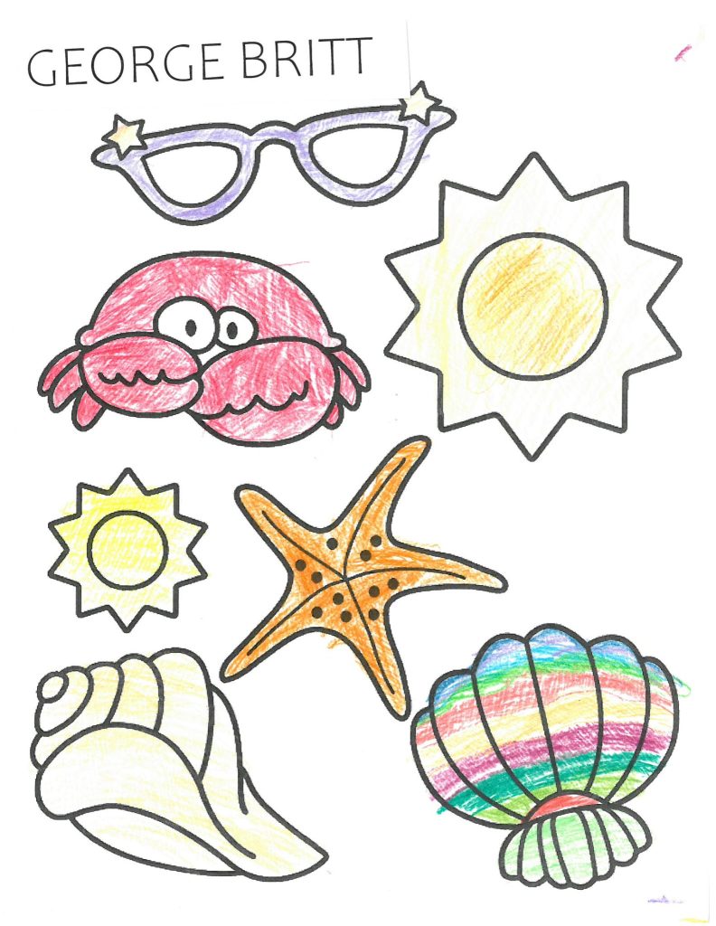 a coloring page with summer imagery. From top to bottom, left to right: sunglasses, crab, sun, smaller sun, starfish, conch shell, clam shell