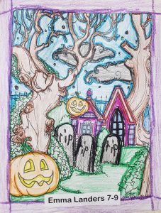 coloring page of a spooky haunted house. The house is surrounded by spooky trees and heavy fog. The artist has drawn tombstones in the yard. There is a depiction of a jack-o-lantern hanging from a tree, and there is another in the foreground of the image.