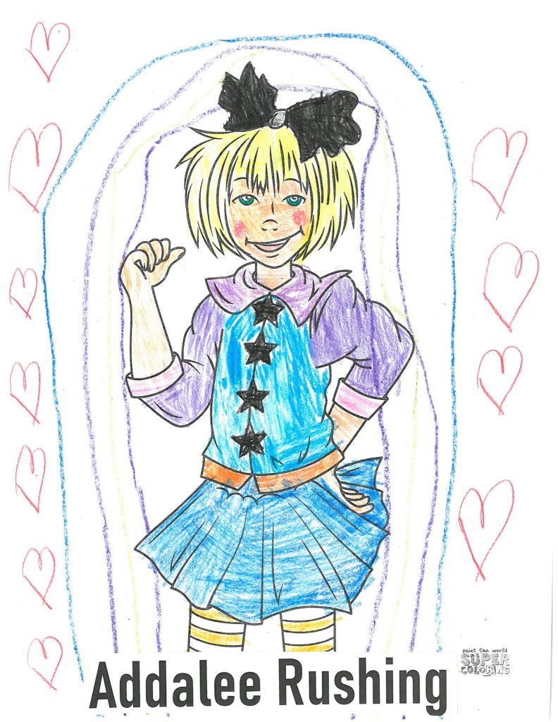 coloring page of the book character Junie B. Jones. the artist has decorated the background with a rainbow and hearts