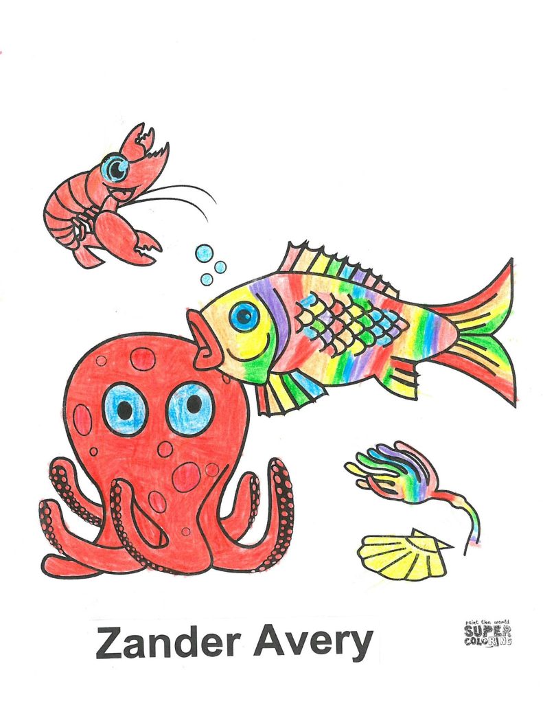 a coloring page with multiple ocean creatures. From top to bottom: a lobster, a fish, an octopus, a smaller fish, and a shell