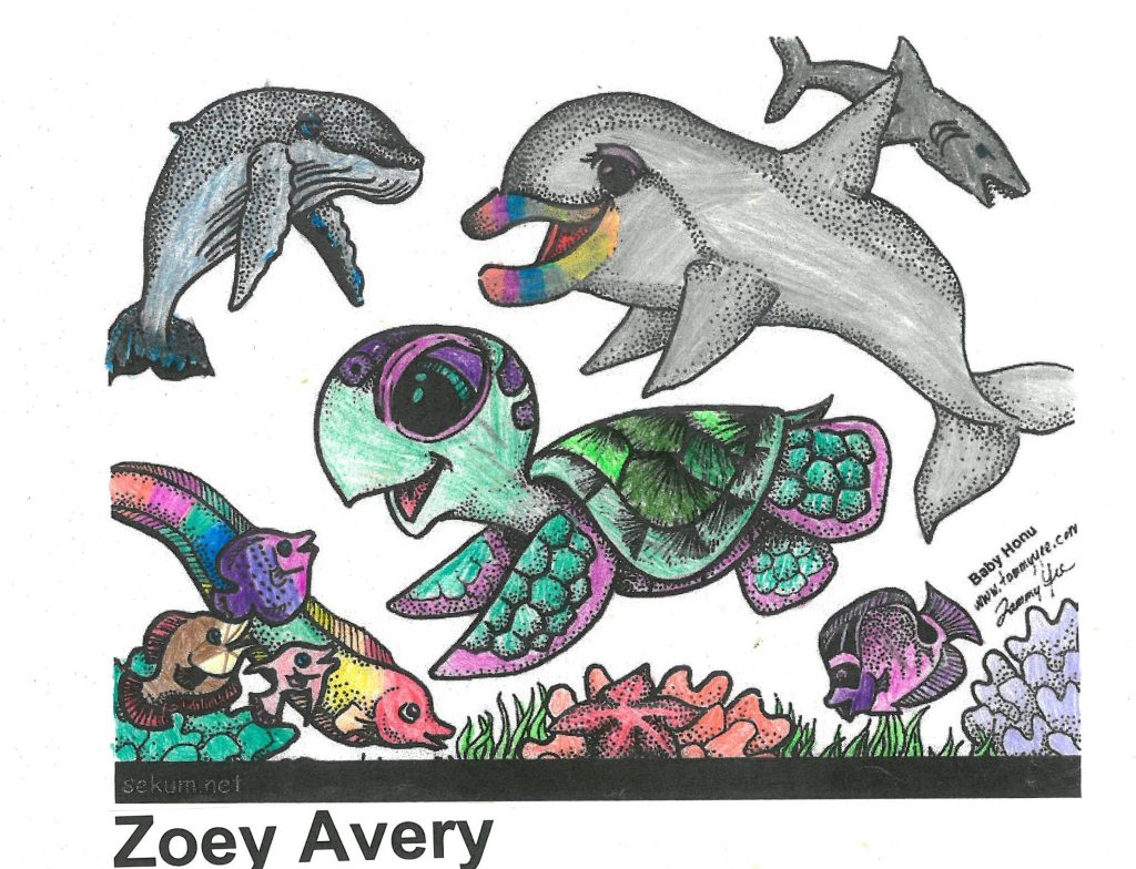 a coloring page with lots of ocean animals. These are all styled in a "cute cartoon" aesthetic. There is a shark, two dolphines, multiple fish,some sea vegitation, and featured in the middle is a smiling sea turtle.