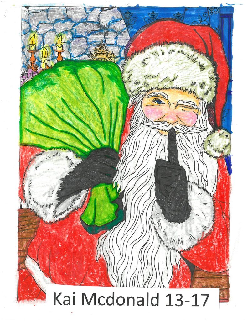 Coloring page of a winking santa